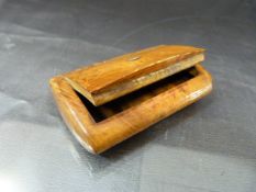 Walnut treen snuff box with small inlaid mother of pearl decoration to lid.