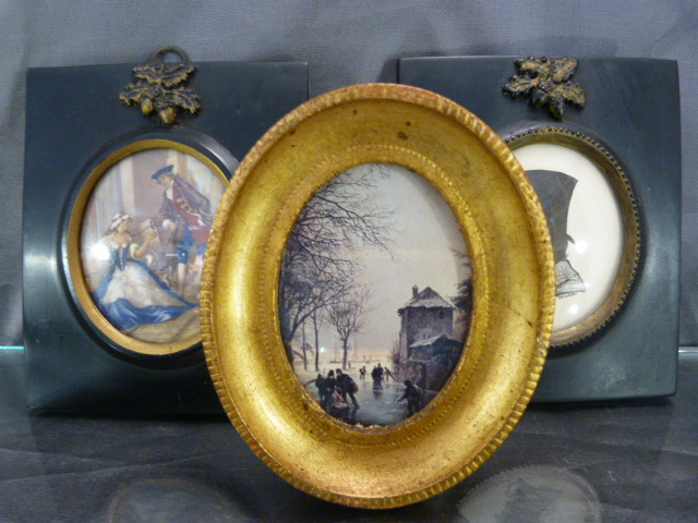 Three framed miniatures (two prints & a Silhouette signed McLEAN) and a brass and horn handled - Image 2 of 7