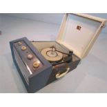 "His Masters Voice" portable electric mid century record player in a blue and cream stylised carry