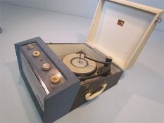 "His Masters Voice" portable electric mid century record player in a blue and cream stylised carry