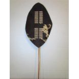 African Zulu warriors shield, two tone N guni cattle hide with wooden pole, cattle hide shield is