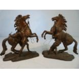 COUSTOU - Pair of large Bronze Marley Horses with attendants on naturalistic bases. Signed COUSTOU