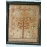 Wedding sampler dated 1829? depicting Adam and Eve below the apple tree. By Mary Alderson