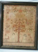 Wedding sampler dated 1829? depicting Adam and Eve below the apple tree. By Mary Alderson