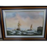 K Hammond - signed oil on canvas of frigates docking in a rough sea
