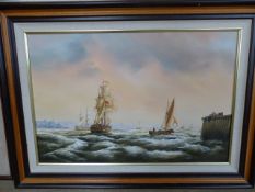 K Hammond - signed oil on canvas of frigates docking in a rough sea