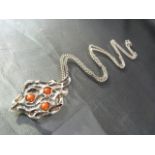 1973 Silver Hallmarked Contemporary Coral set pendant and chain. Measuring approx: 38.45mm x 23.25mm
