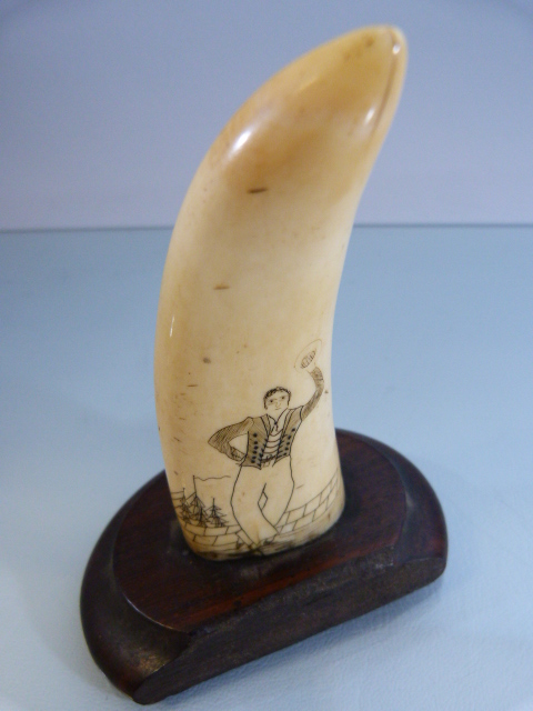 UPDATED SINGLE TOOTH - Scrimshaw whales tooth depicting a farewell of a man going to sea mounted - Image 3 of 6