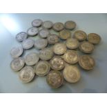 Silver coins: A collection of 27 one shilling coins of various years and conditions (total weight