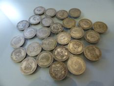 Silver coins: A collection of 27 one shilling coins of various years and conditions (total weight