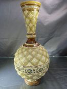 Mettlach Vase of Baluster form with single foot. Flared neck painted in earthen ware colours.