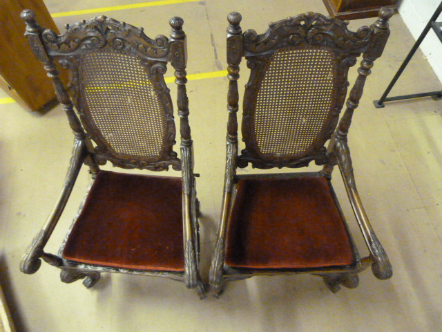 Good Example of a Pair of Carolean open arm chairman style chairs. The highly carved chair has a - Image 7 of 7