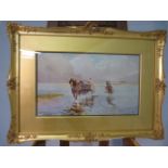 Dorothy Cox (Artist) - Watercolour 'Shire horses working out to sea'. In a large Gilt frame