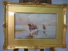 Dorothy Cox (Artist) - Watercolour 'Shire horses working out to sea'. In a large Gilt frame