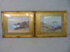 F J Widgery: Pair of large Watercolour seascapes entitled "Arnsteys Cove, Torbay" & "The Dare Stone,