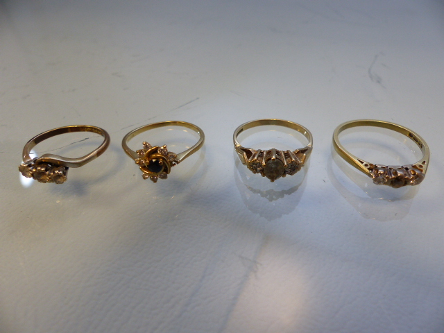 Three ladies 9ct dress rings and an 18ct (total weight 2.2g) three diamond stone ring (all A/F) ( - Image 2 of 9