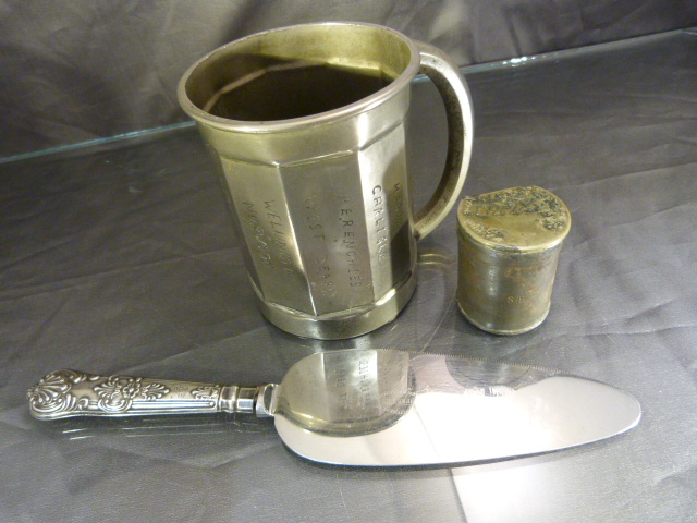Hallmarked silver handle cake slice 1960 Sheffield. Along with a Military trinket pot marked 2430