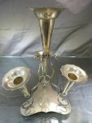 Unusual Epergne centre piece in silverplate by J T & Co Ltd. Tri-form with four Bud vases (