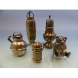 Five silver collectable pepper pots one marked sterling, bear unmarked and three English