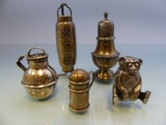 Five silver collectable pepper pots one marked sterling, bear unmarked and three English