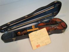 A Violin in need of complete restoration in a case by HART & Son 28 Wardour St. Contains two Bows