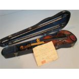 A Violin in need of complete restoration in a case by HART & Son 28 Wardour St. Contains two Bows