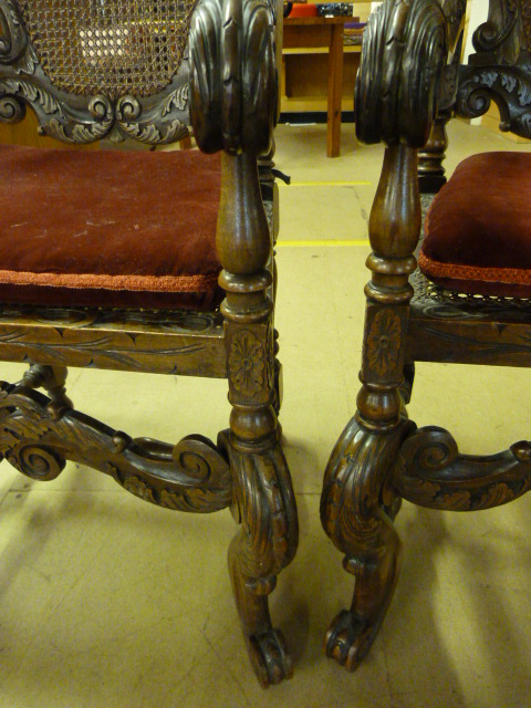 Good Example of a Pair of Carolean open arm chairman style chairs. The highly carved chair has a - Image 4 of 7