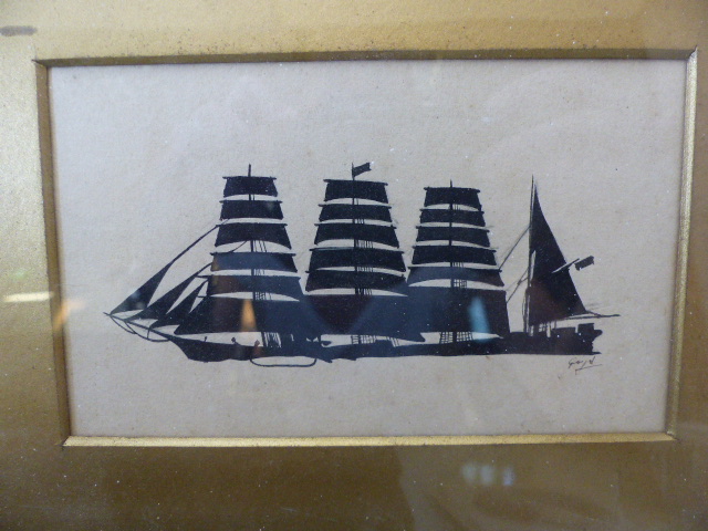 Silhouette of a masted ship at sea and two small handpainted miniatures of Men (politicians?) - Image 2 of 6