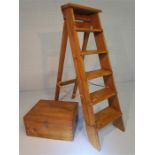 Antique pine "A" frame six step ladders, with a small aged pine storage box.