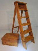 Antique pine "A" frame six step ladders, with a small aged pine storage box.