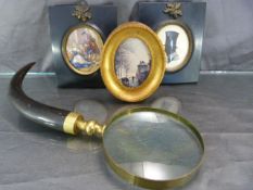 Three framed miniatures (two prints & a Silhouette signed McLEAN) and a brass and horn handled