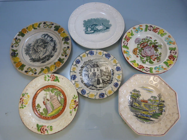 Staffordshire Lustre childrens plates c.1800's. 6 Various plates depicting scenes. One of Windsor