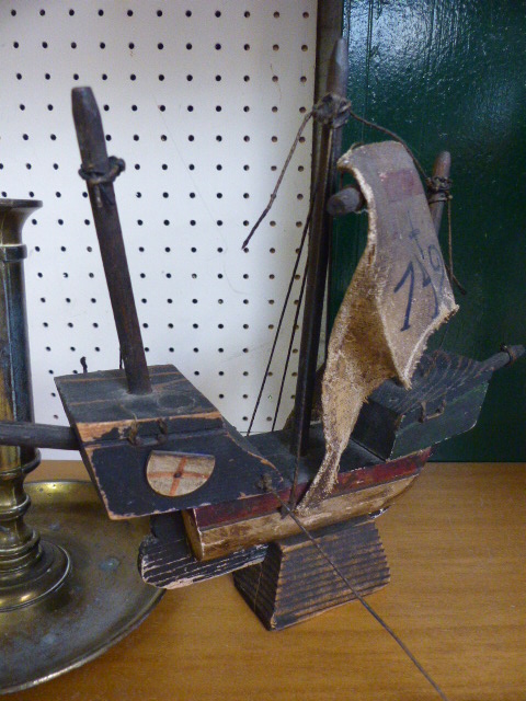 Wooden miniature of a ship on plinth, pair of silverplated candlesticks and one other and two - Image 2 of 4