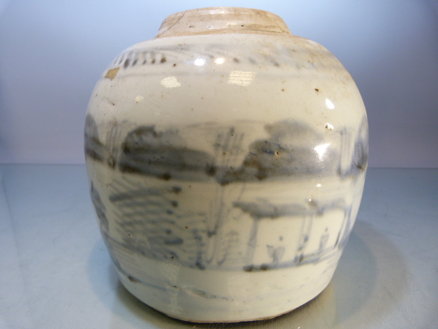 Two Early blue and White stoneware glazed ginger vases (no covers). Decorated with coastal scenes. - Image 6 of 19