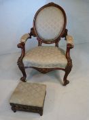 Edwardian mahogany open arm chair with matching galleried footstool