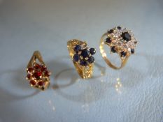 Three 9ct ladies gold rings for repair or scrap each ring missing one stone (total weight 7g)