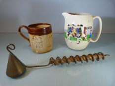 Antique hand made candle snuff, Royal Doulton Lambeth mug, Widecombe fayre Devonmoor jug.