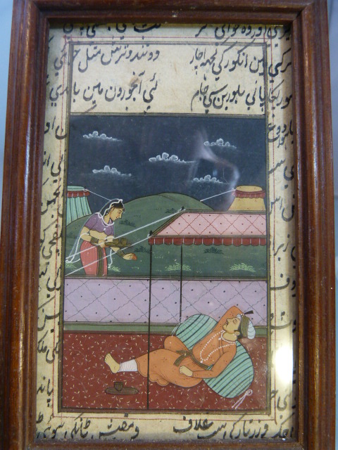 Four handpainted Mughal Indian miniatures. Two depicting Erotica scenes along with two others. 1) - Image 8 of 9