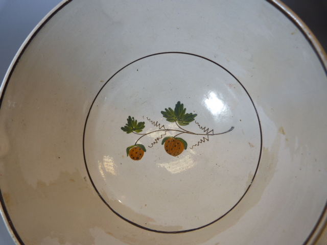 Staffordshire strawberry pearlware bowl c.1790 in Pratt Colours. Large deep footed bowl decorated in - Image 2 of 7