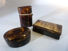 Horn rectangular snuff box along with a Tortoise shell match holder and one other