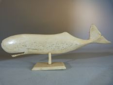 Finely Carved 19th Century sailor work marine ivory model of a Sperm whale mounted on section of