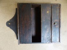Antique stained pine wall hanging unit with lidded top over open recess and a small single drawer to