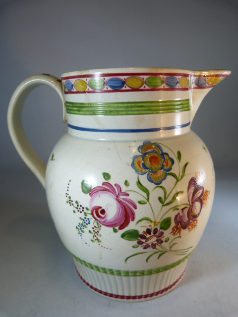 Early 19th Century English Creamware staffordshire jug decorated with Polychrome flowers and - Image 3 of 10