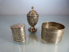 Three hallmarked silver items to include a napkin ring, pill box and pepper pot (1894) total