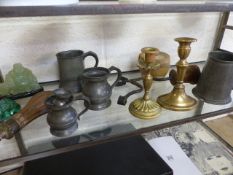 Curios - to include Brass candle sticks, pewter tankards, and a lead cartridge made from copper with
