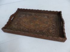 Hand Carved Indian serving tray inlaid with brass A/F