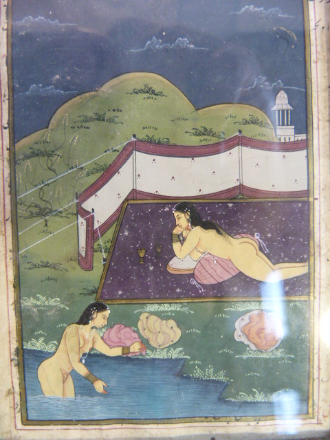 Four handpainted Mughal Indian miniatures. Two depicting Erotica scenes along with two others. 1) - Image 5 of 9