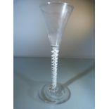 Georgian wine Glass c1770 with double twist opaque stem and splayed foot. Rough Pontil to base