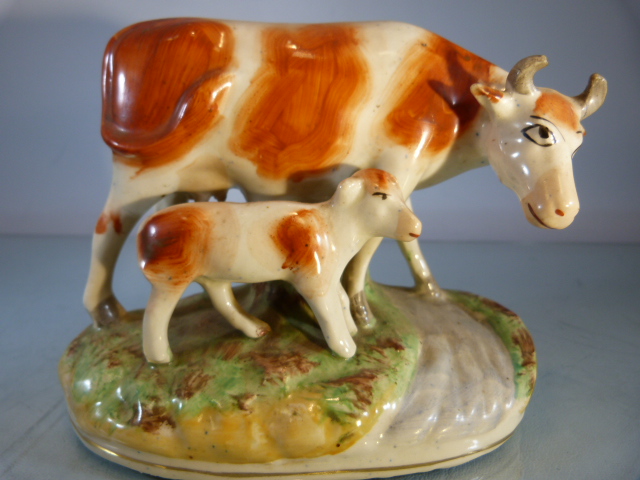 Early Staffordshire cow and her calf crossing the Road. Sponge decorated base. - Image 5 of 6