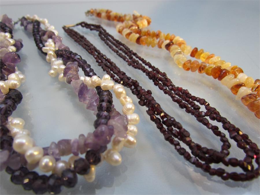 Three bead necklaces - 1) Garnet faceted 3 string with a rolled gold barrel clasp. 2) Twisted Rope - Image 2 of 6